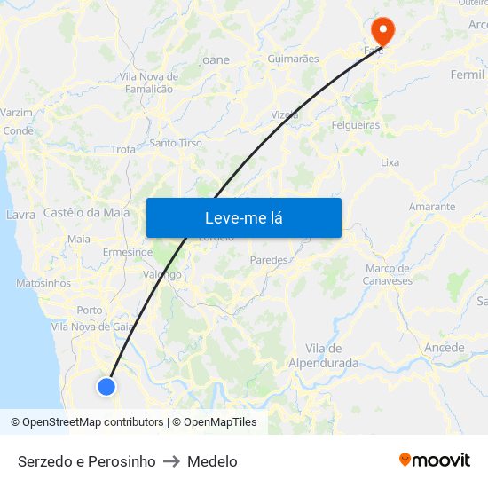 Serzedo e Perosinho to Medelo map