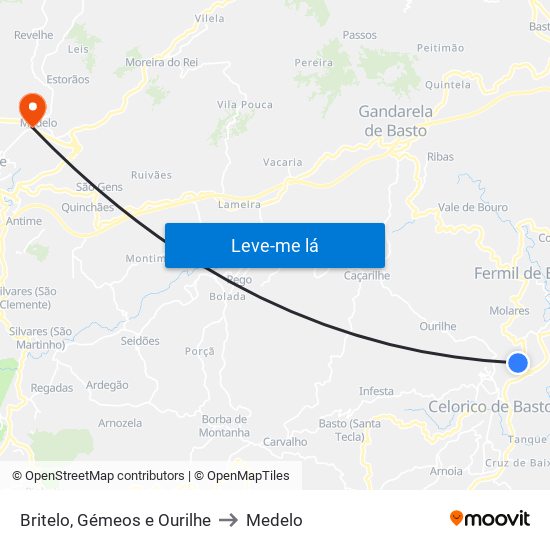 Britelo, Gémeos e Ourilhe to Medelo map