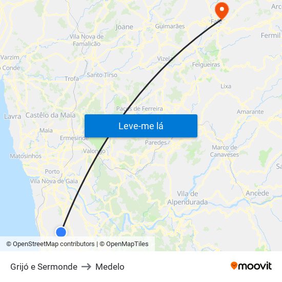 Grijó e Sermonde to Medelo map
