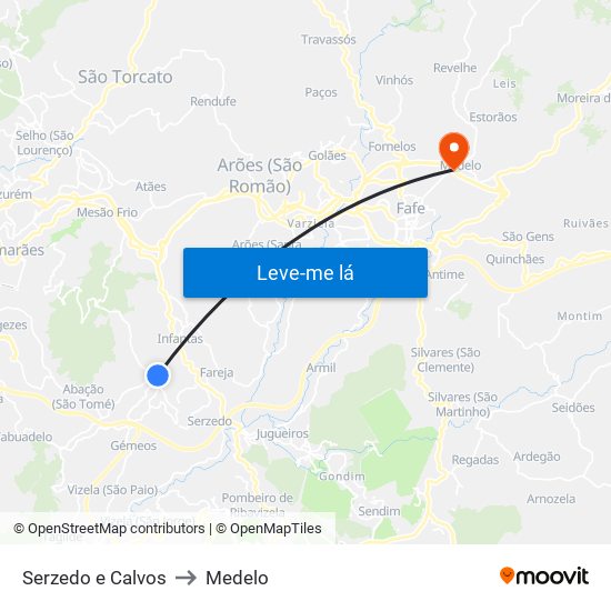Serzedo e Calvos to Medelo map