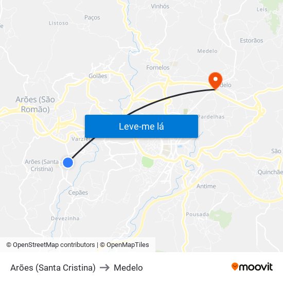 Arões (Santa Cristina) to Medelo map