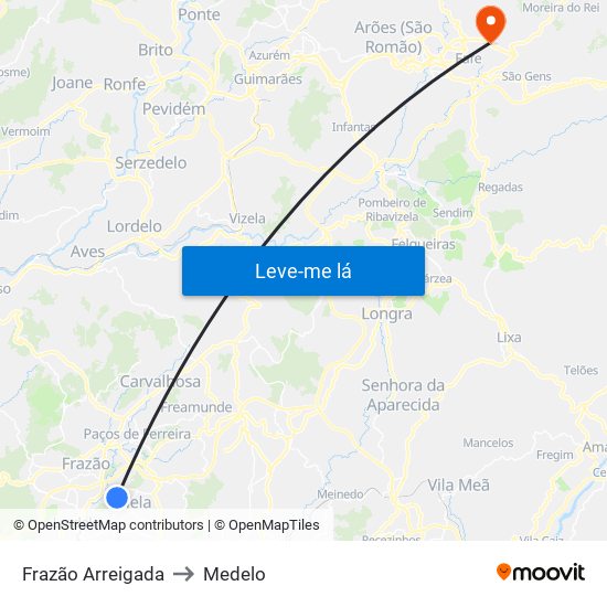 Frazão Arreigada to Medelo map