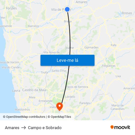 Amares to Campo e Sobrado map