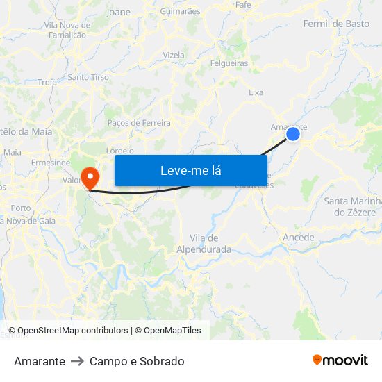 Amarante to Campo e Sobrado map