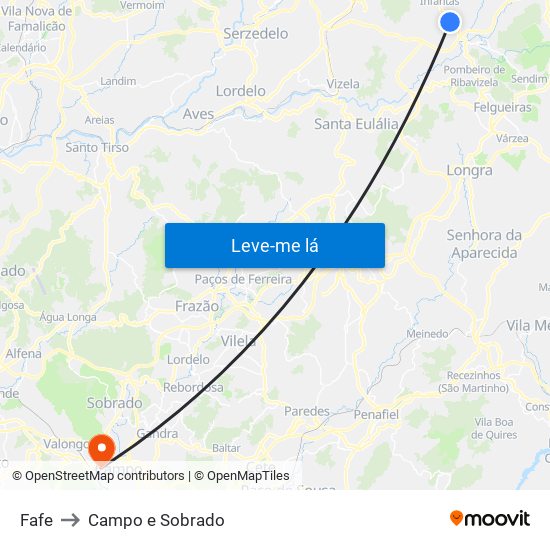 Fafe to Campo e Sobrado map