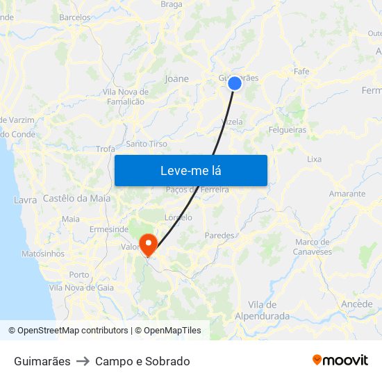 Guimarães to Campo e Sobrado map