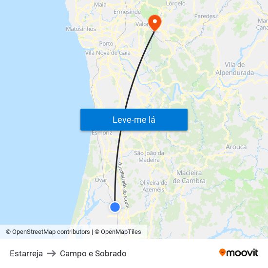 Estarreja to Campo e Sobrado map