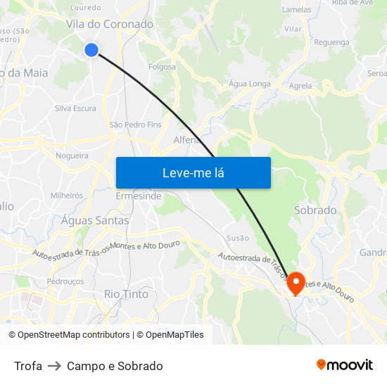 Trofa to Campo e Sobrado map
