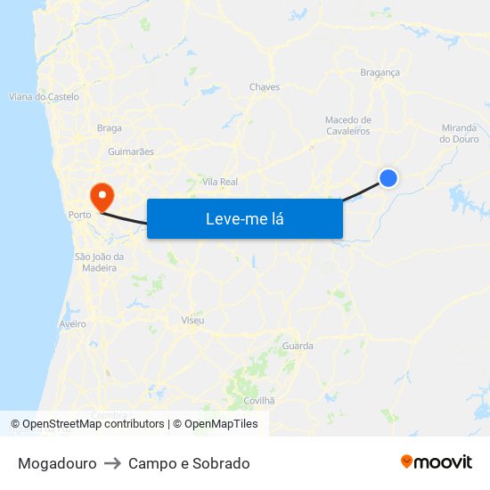 Mogadouro to Campo e Sobrado map