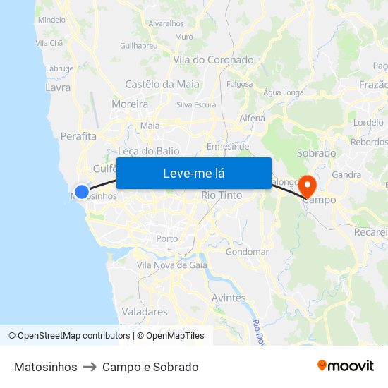 Matosinhos to Campo e Sobrado map