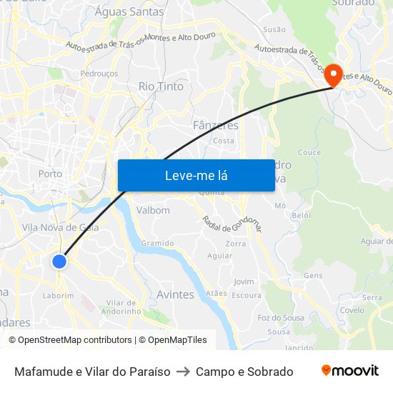 Mafamude e Vilar do Paraíso to Campo e Sobrado map