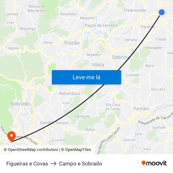 Figueiras e Covas to Campo e Sobrado map