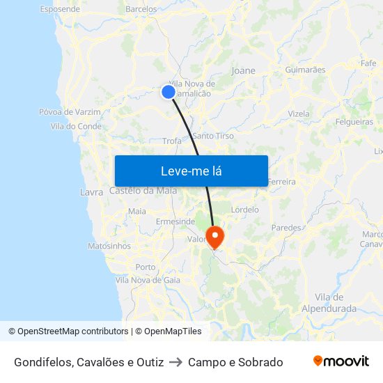 Gondifelos, Cavalões e Outiz to Campo e Sobrado map