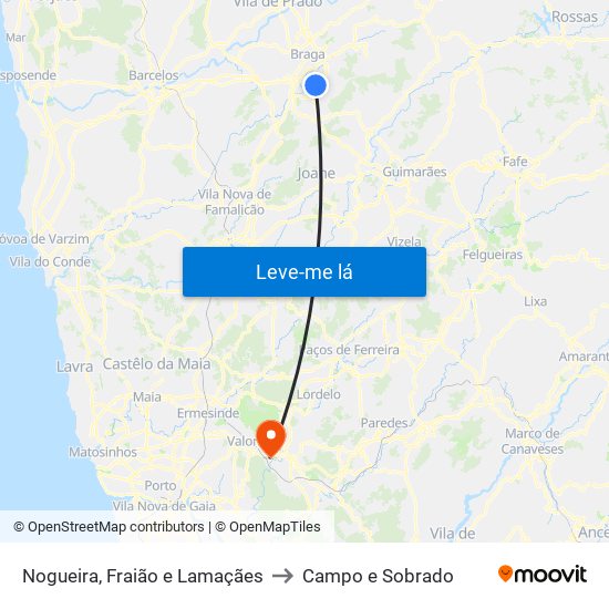 Nogueira, Fraião e Lamaçães to Campo e Sobrado map