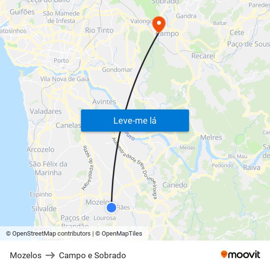 Mozelos to Campo e Sobrado map