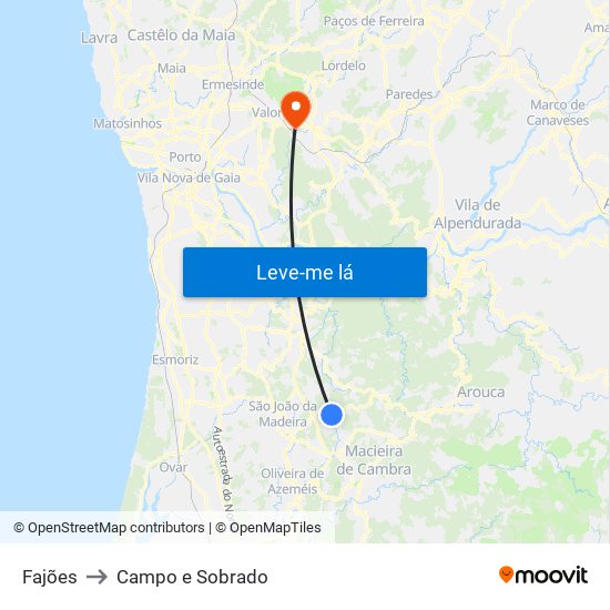 Fajões to Campo e Sobrado map