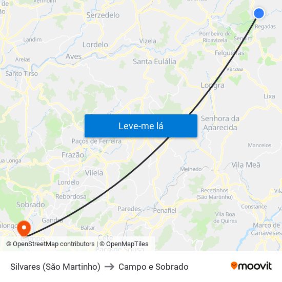 Silvares (São Martinho) to Campo e Sobrado map