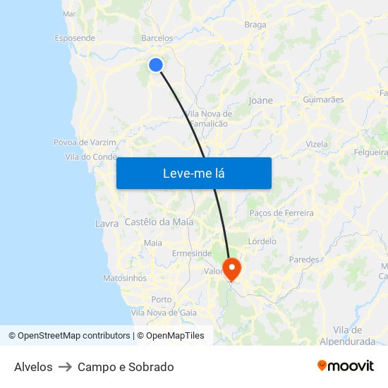 Alvelos to Campo e Sobrado map