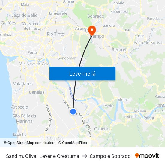 Sandim, Olival, Lever e Crestuma to Campo e Sobrado map
