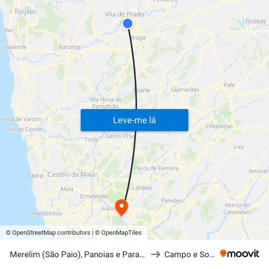 Merelim (São Paio), Panoias e Parada de Tibães to Campo e Sobrado map