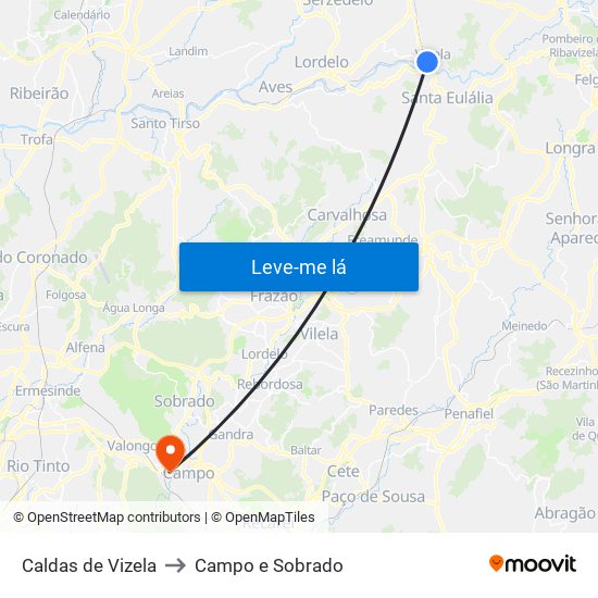 Caldas de Vizela to Campo e Sobrado map