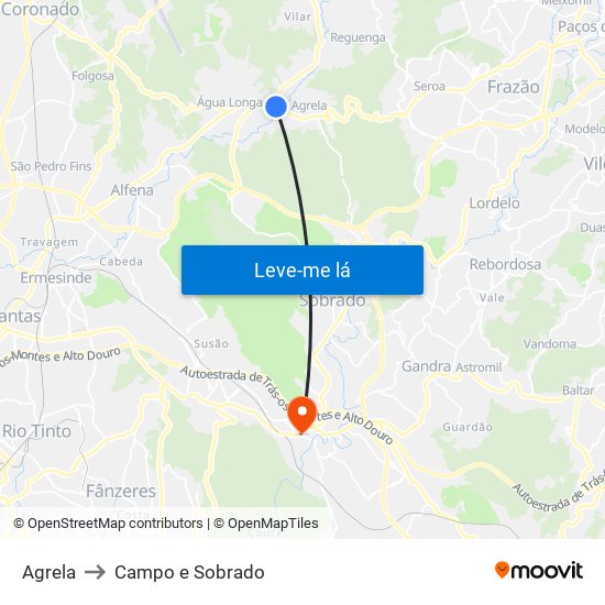Agrela to Campo e Sobrado map