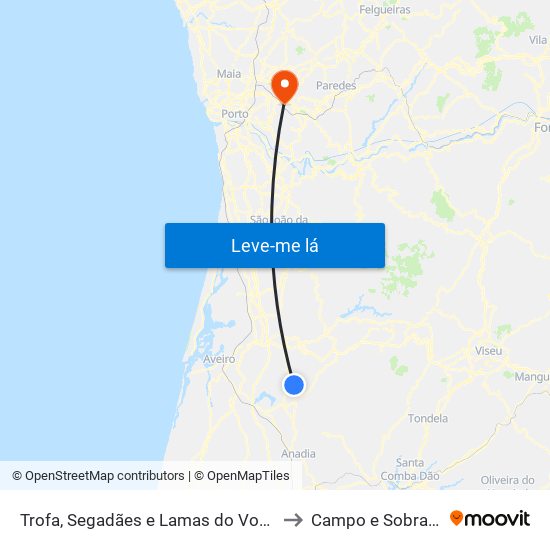 Trofa, Segadães e Lamas do Vouga to Campo e Sobrado map