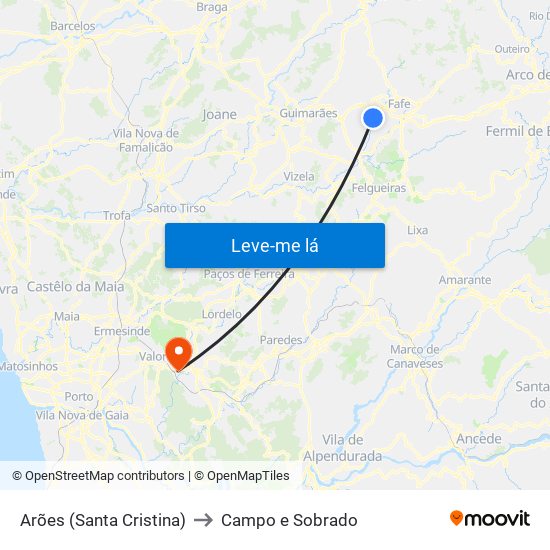 Arões (Santa Cristina) to Campo e Sobrado map