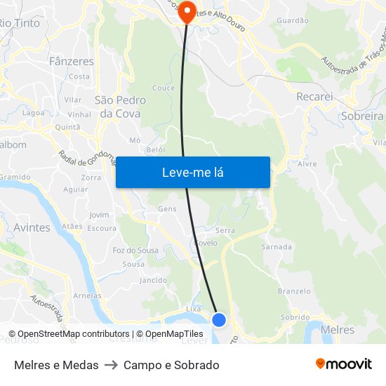 Melres e Medas to Campo e Sobrado map