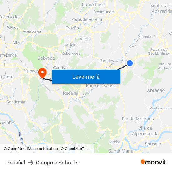 Penafiel to Campo e Sobrado map