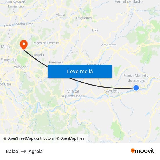 Baião to Agrela map