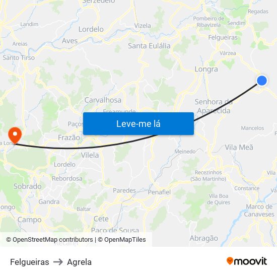 Felgueiras to Agrela map