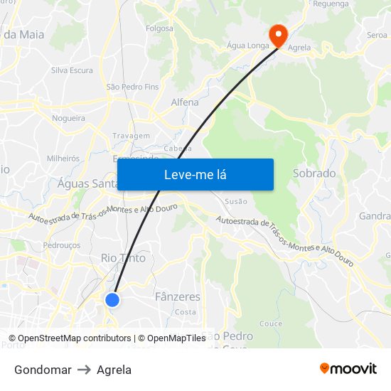 Gondomar to Agrela map