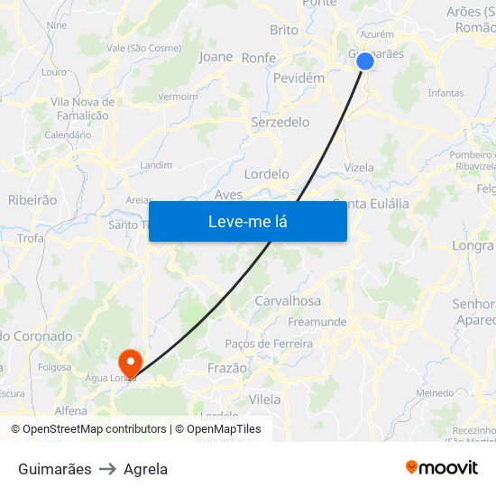 Guimarães to Agrela map
