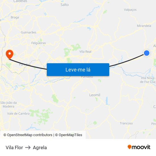 Vila Flor to Agrela map