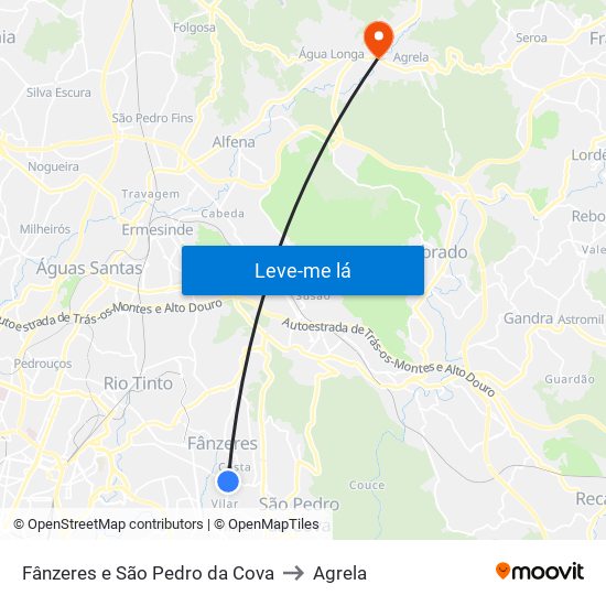 Fânzeres e São Pedro da Cova to Agrela map