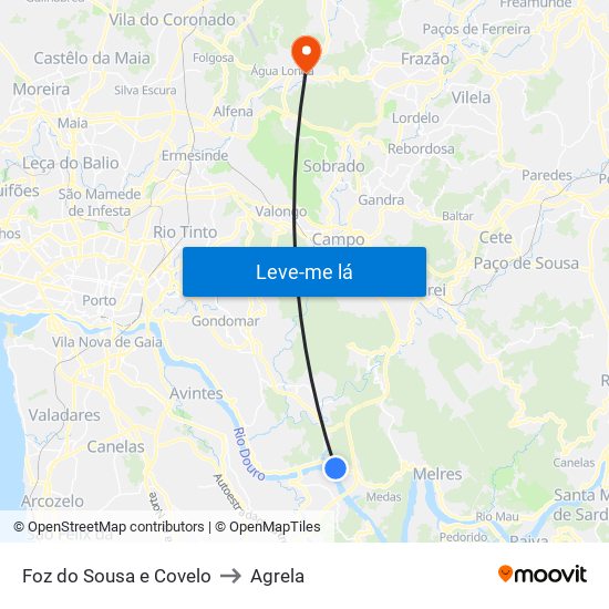 Foz do Sousa e Covelo to Agrela map