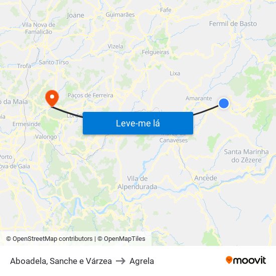 Aboadela, Sanche e Várzea to Agrela map