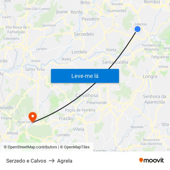 Serzedo e Calvos to Agrela map