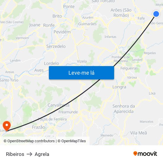 Ribeiros to Agrela map