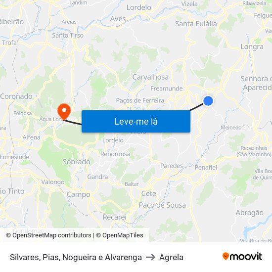 Silvares, Pias, Nogueira e Alvarenga to Agrela map