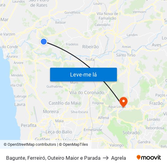 Bagunte, Ferreiró, Outeiro Maior e Parada to Agrela map