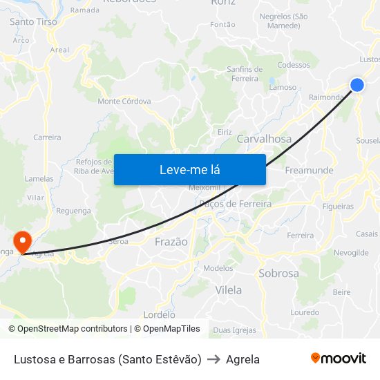 Lustosa e Barrosas (Santo Estêvão) to Agrela map