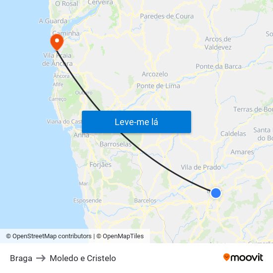 Braga to Moledo e Cristelo map