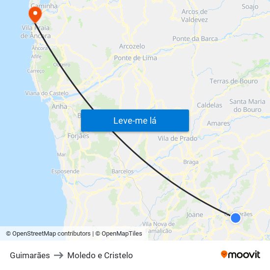 Guimarães to Moledo e Cristelo map