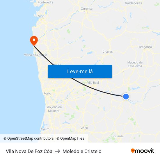 Vila Nova De Foz Côa to Moledo e Cristelo map