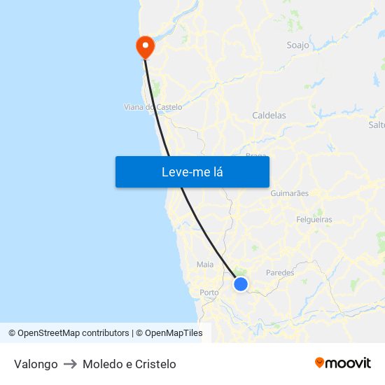 Valongo to Moledo e Cristelo map