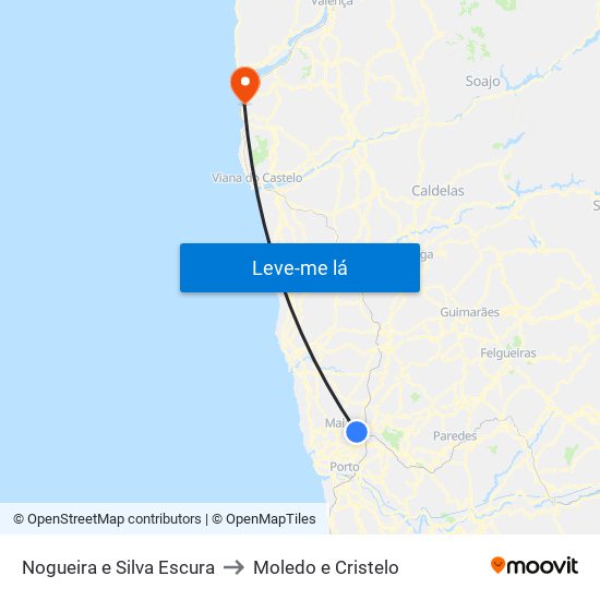 Nogueira e Silva Escura to Moledo e Cristelo map