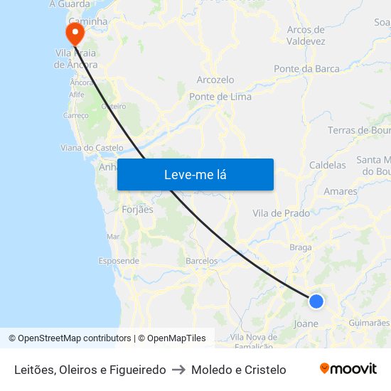 Leitões, Oleiros e Figueiredo to Moledo e Cristelo map