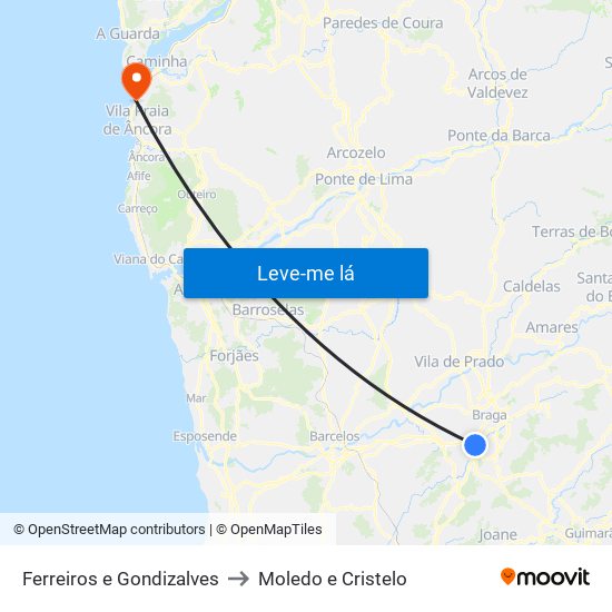 Ferreiros e Gondizalves to Moledo e Cristelo map